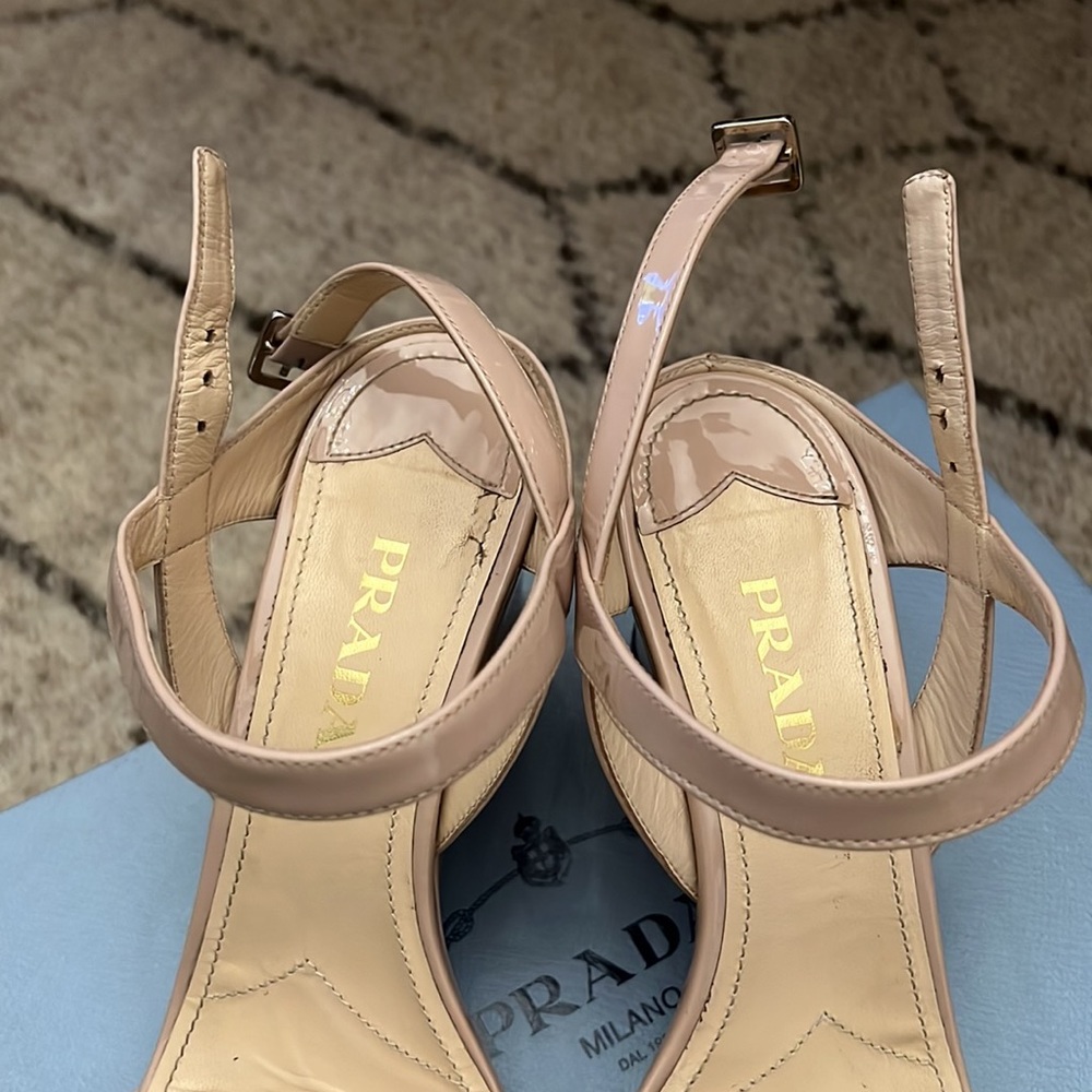 Prada Basic Slingback Wedge Sandal Beige Patent 3… - image 4